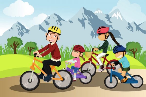 A vector illustration of a family biking together in a rural area