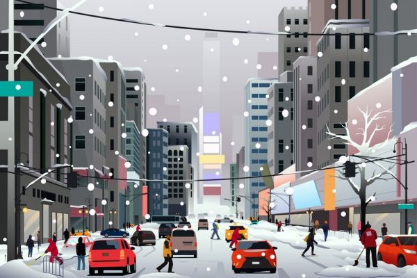 A vector illustration of People Walking in the City During Winter Storm